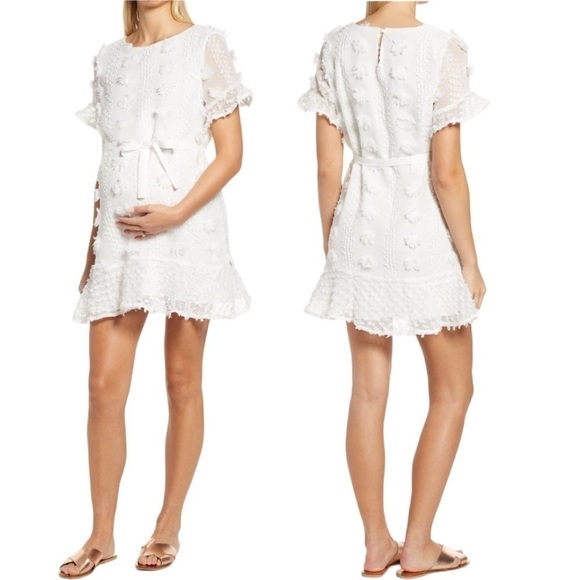 NWT Savi Mom Large Aurora Embellished Belted Maternity White Dress - Picture 1 of 9